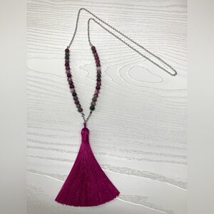 Genuine Agate Stones w Handmade Cranberry Tassel Necklace